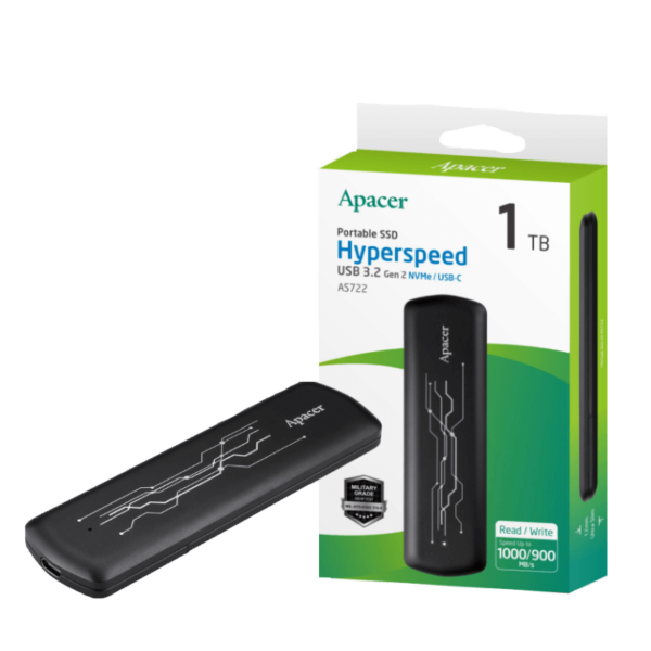 APACER SSD HARD DRIVE 1TB AS722 EXTERNAL USB 3.2 GEN2 NVME TYPE C AP1TBAS722B-1