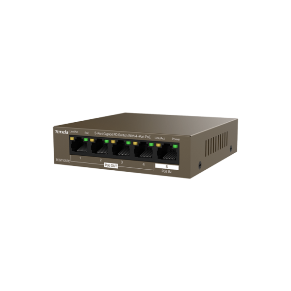 TENDA SWITCH POE PD 5 PORTS GIGABIT (4 POE OUT, 1 POE IN) TEG1105PD UNMANAGED DESKTOP