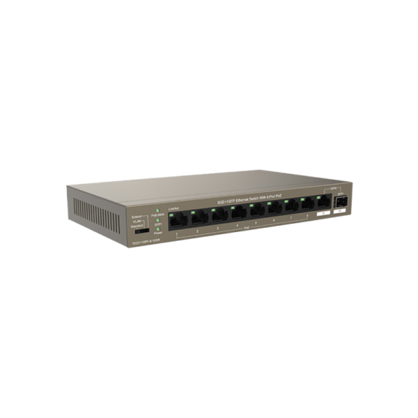 TENDA SWITCH SMART POE 10 PORTS GIGABIT (8POE,1GE,1SFP) TEG1110PF-8-102W UNMANAGED DESKTOP, WALL, AI MANAGEMENT