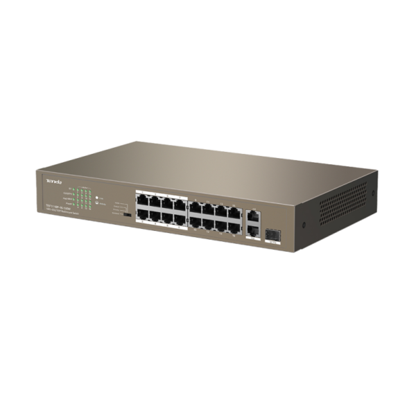 TENDA SWITCH SMART POE 18 PORTS 10100 (16 POE, 2 GIGABIT UPLINK1 SFP) TEF1118P-16-150W UNMANAGED RACK