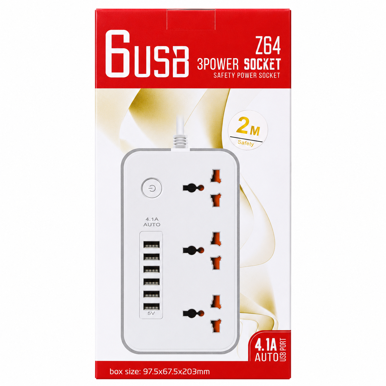 Z64 3 Power Socket Extension with 6 USB Ports 2m Cable | Z64