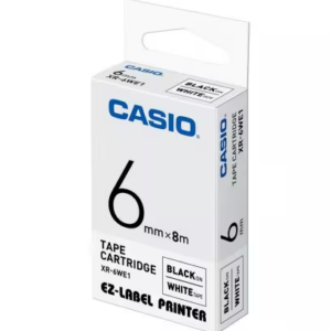 Casio XR-6WE1 — 6mm Black on White Label Tape Cassette — 8m | For Casio KL Series Label Printers