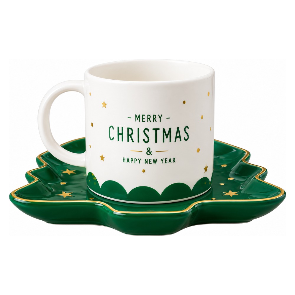 Christmas Mug with Tree-Shaped Saucer - Green | ALSJ1528-1
