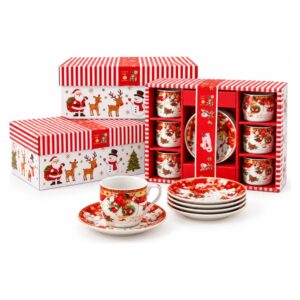 Christmas Santa Claus Ceramic Coffee Cup & Saucer Set with Gift Box - Red & White - 6 Pieces | AL10802