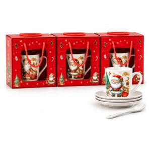 Christmas Santa Claus Ceramic Espresso Cup & Saucer Set with Gift Box - White & Red - 1 Set | ALZH-271B