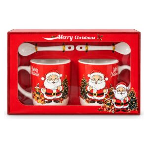 Christmas Santa Claus Ceramic Mug Set with Spoons & Gift Box - Red & White - 4 Pieces | AT1895B