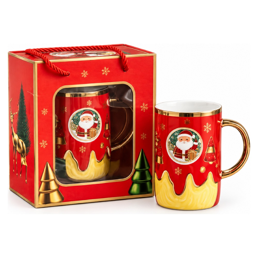 Christmas Santa Claus Ceramic Mug with Gold Handle & Gift Box - Red & Gold - 1 Piece | HM447