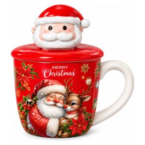Christmas Santa Claus Ceramic Mug with Lid - Red & White | ALHK-2561B