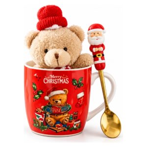 Christmas Teddy Bear Ceramic Mug with Santa Claus Spoon - Red - 1 Piece | ALHK-2545-2