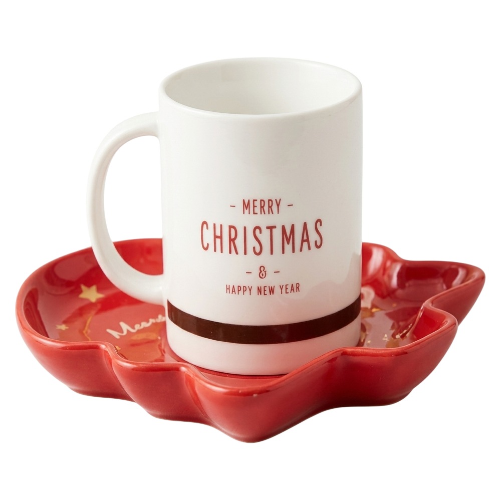 OEM White Ceramic Holiday Coffee Mug Red Handle Merry Christmas New Year Tree Design | ALSJ1528-2